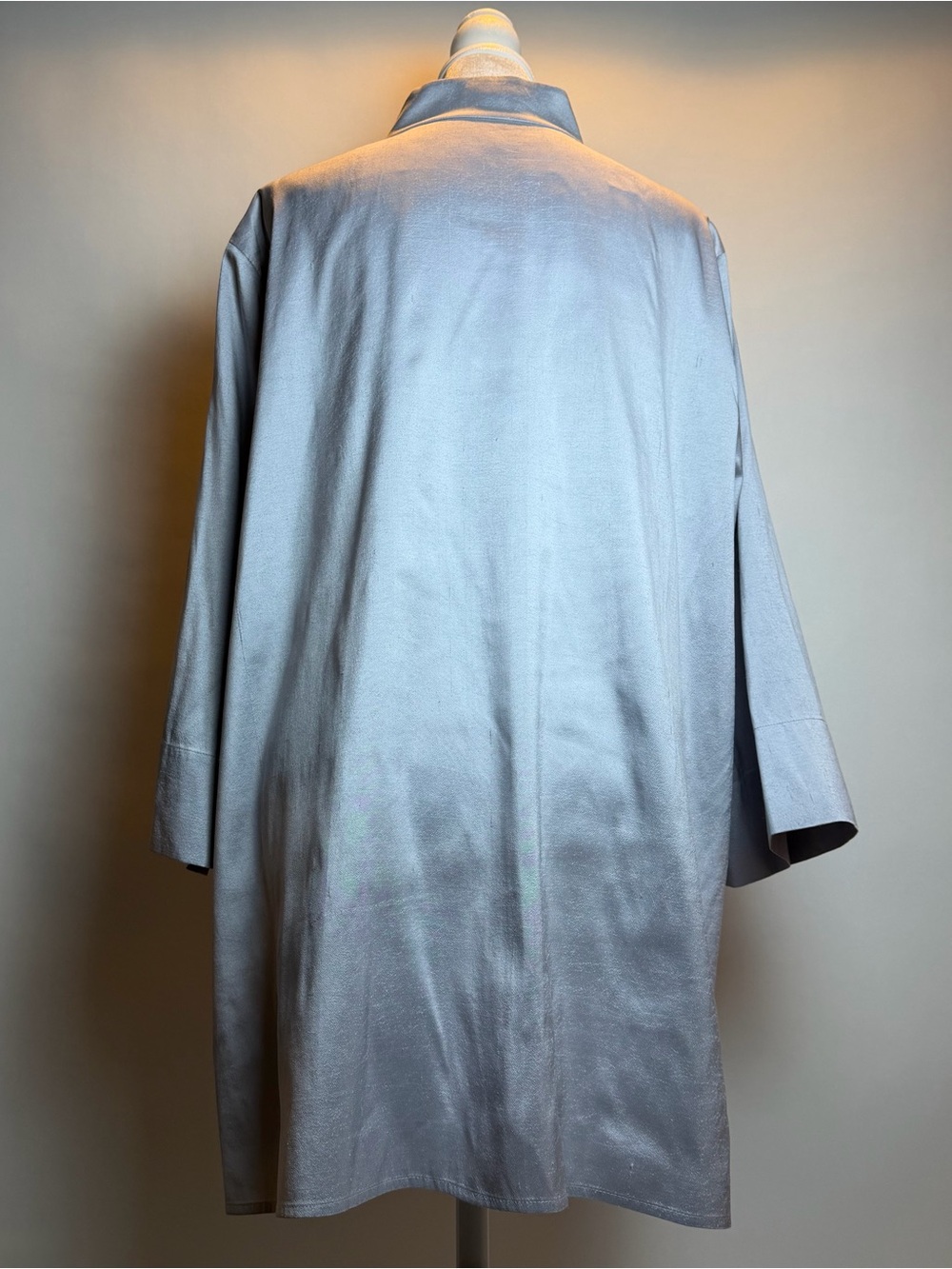 Eileen Fisher Silk Georgette Crepe Mandarin Collar Long Shirt- Light Gray - Picture 2 of 14